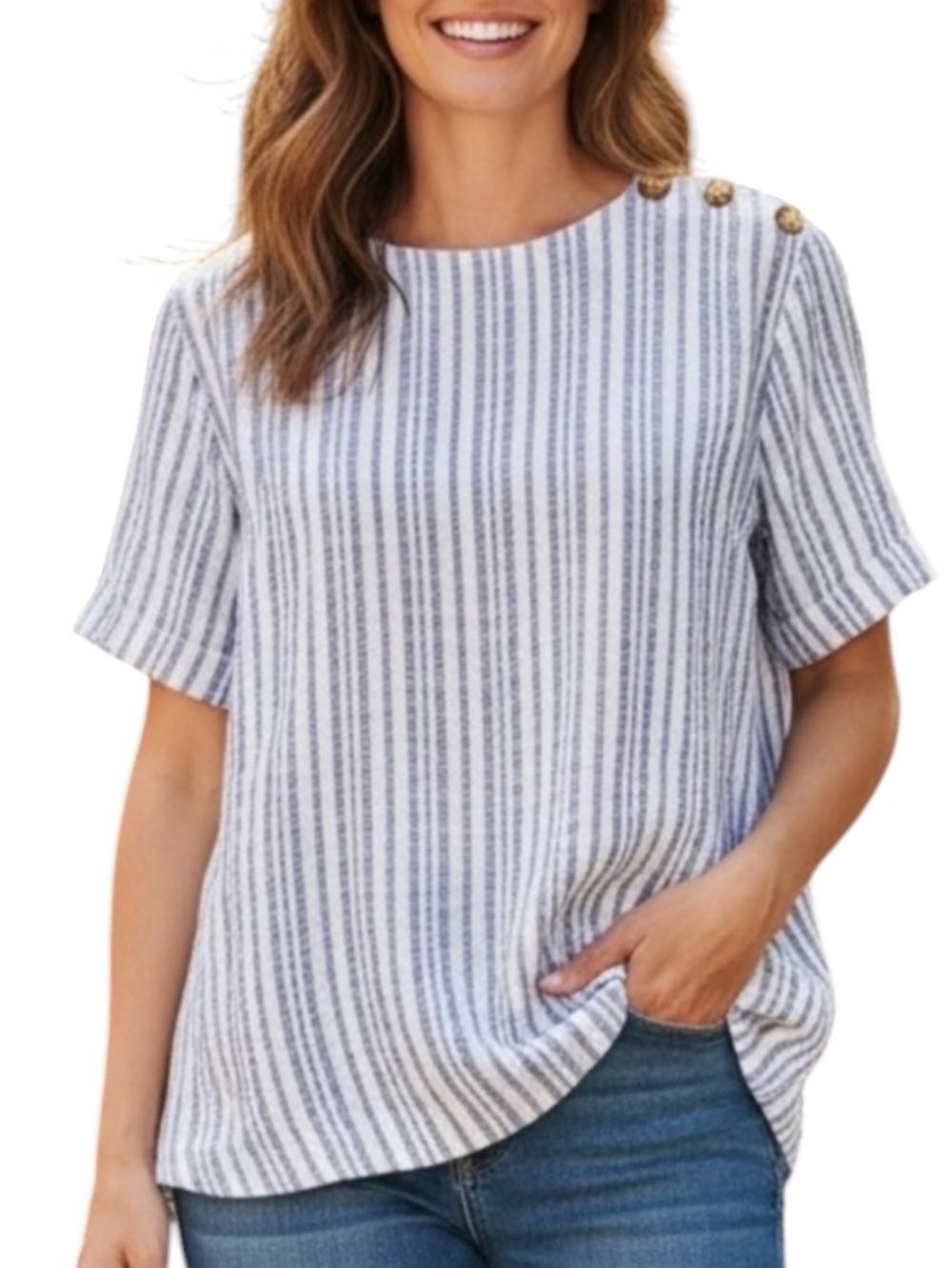 LANDS END Striped 100% Linen Pullover Oversized Top Shoulder Button Detail Small